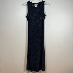 VTG 90s Dark Floral Whimsigoth Fairy Tie Back Sheath Maxi Dress Navy Blue Size L